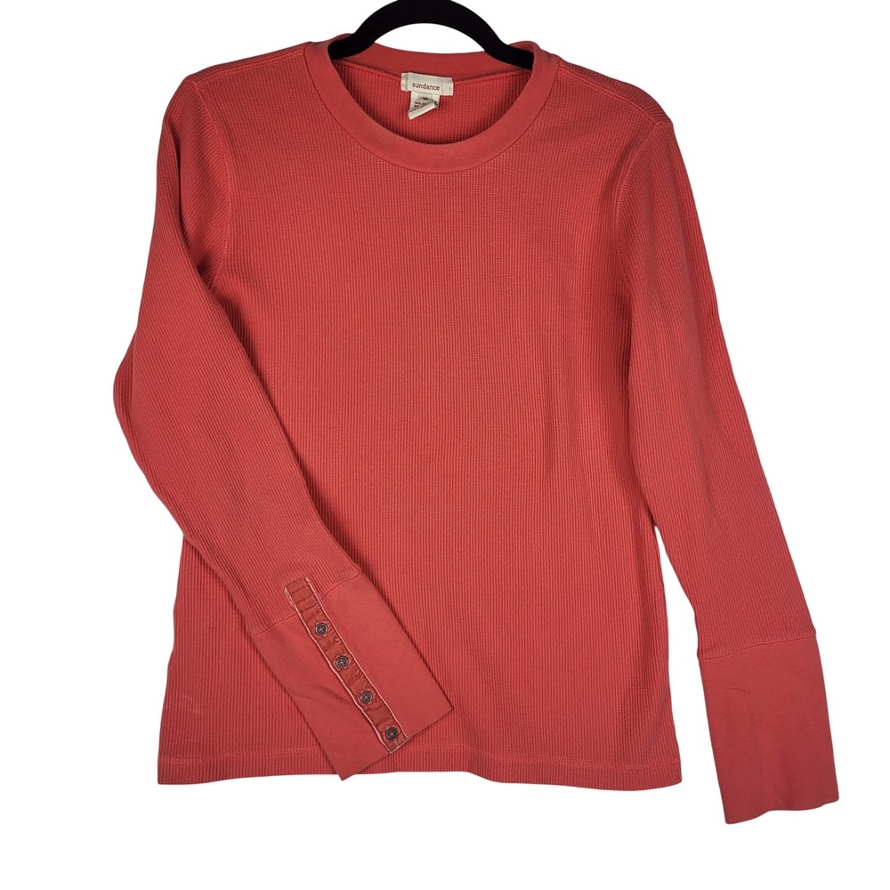 Sundance Thermal Top Women M Red Long Sleeve Button Cuff Waffle Knit Casual 2043